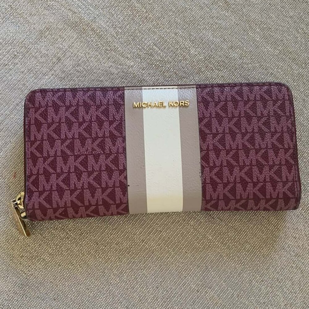 Michael Kors Burgundy/Pink Jet Set Travel Logo Stripe Continental Wallet